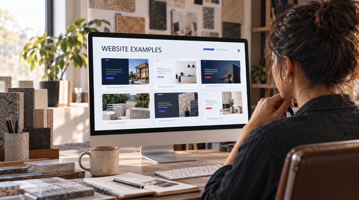 An owner reviewing website examples on a desktop