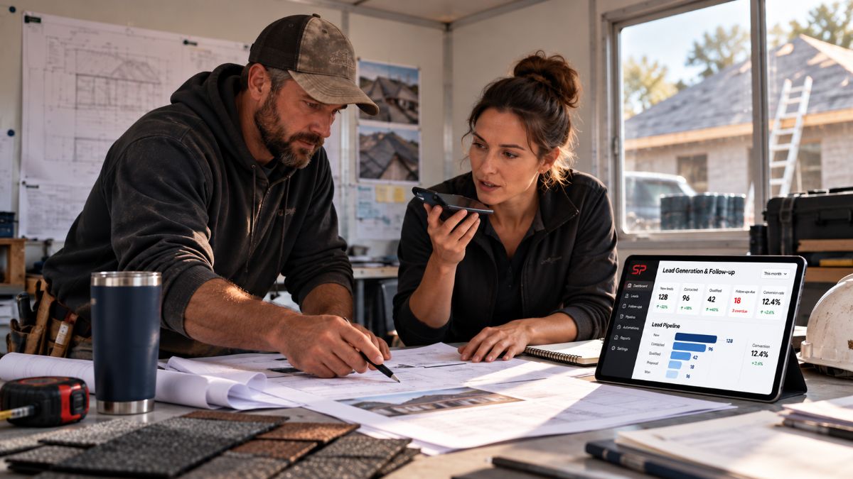 Two people working a lead list on site